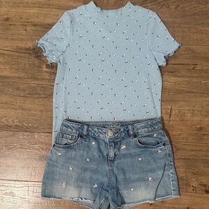 Cat & Jack Blue Floral Tee and Denim Shorts Set Size 10/12